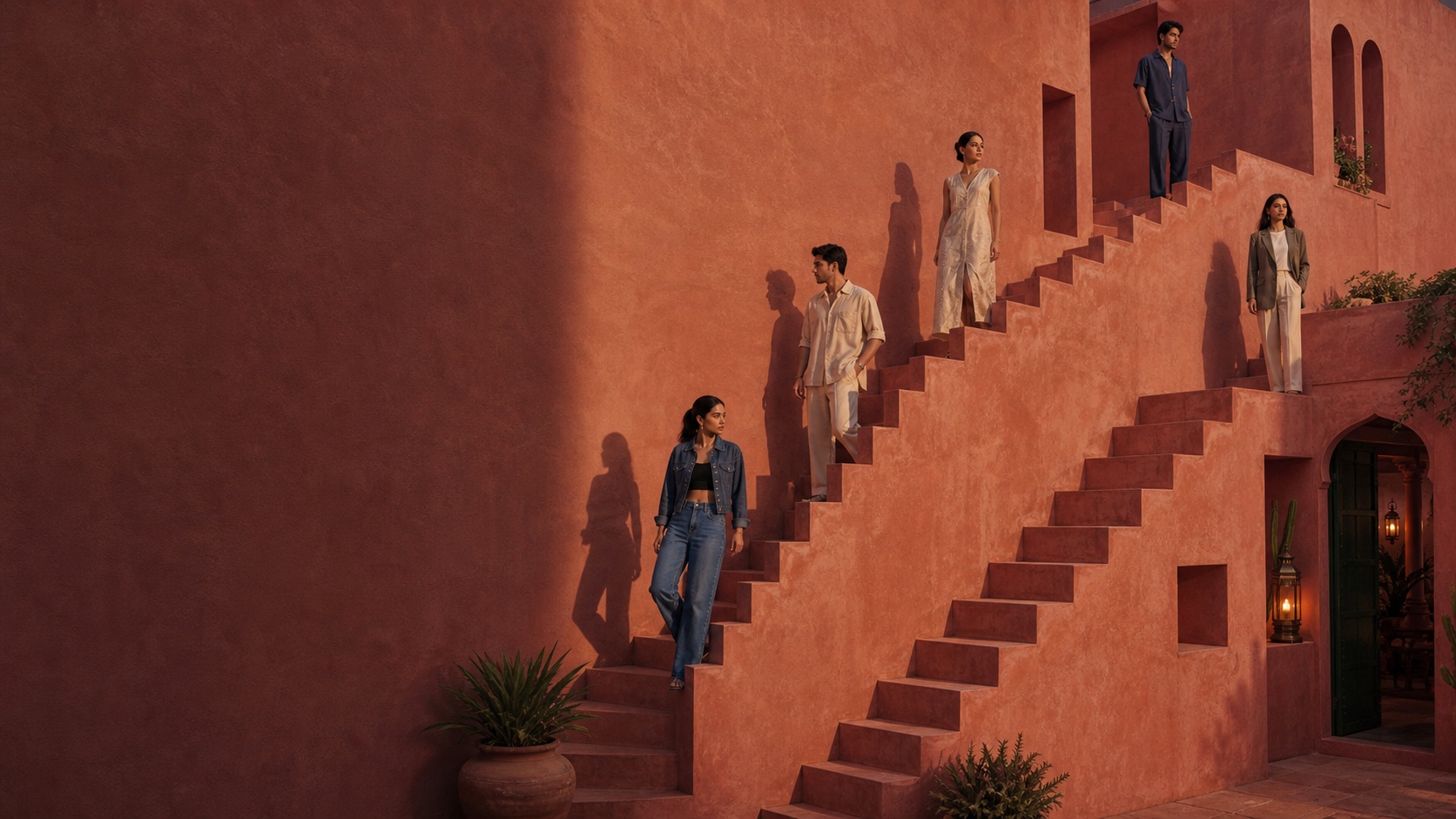 Five people in everyday homegrown fashion on sculptural terracotta stairs in late afternoon light