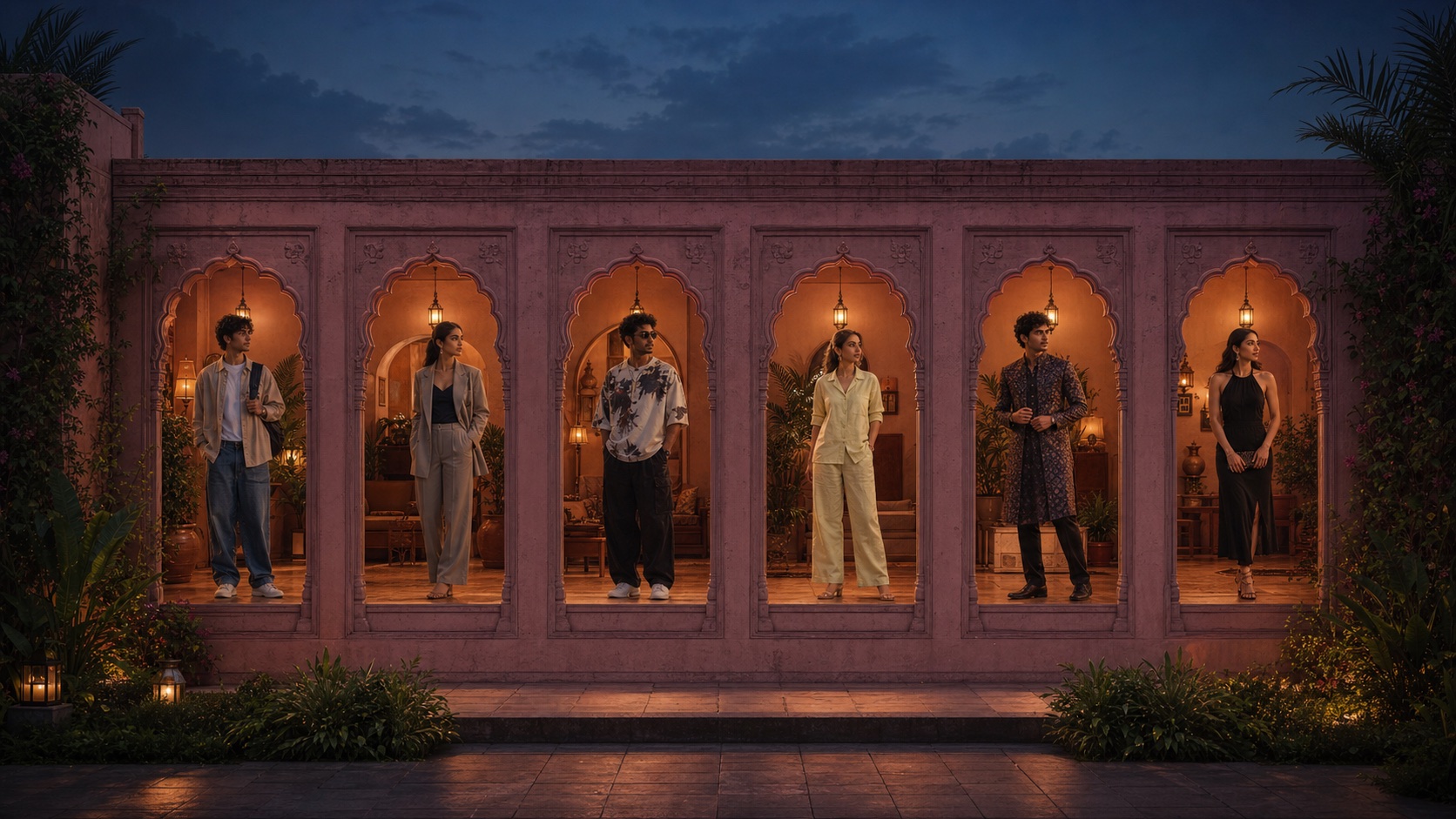 Six people wearing contemporary looks in illuminated arched windows